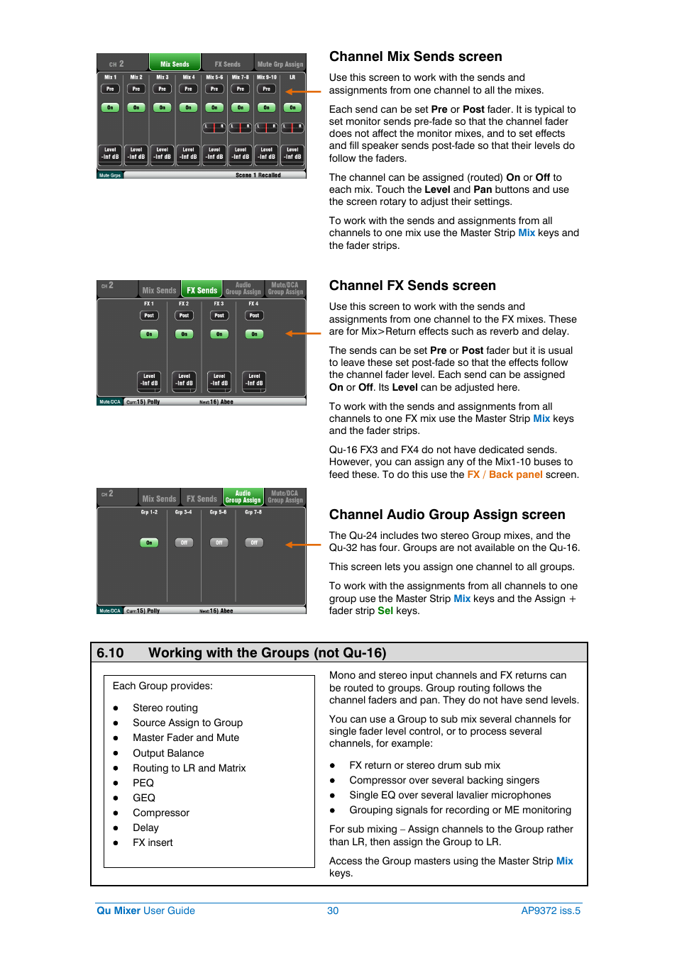 Working with groups, Channel mix sends screen, Channel fx sends screen | Channel audio group assign screen, 10 working with the groups (not qu-16) | Allen&Heath Qu-32 User Manual | Page 30 / 72