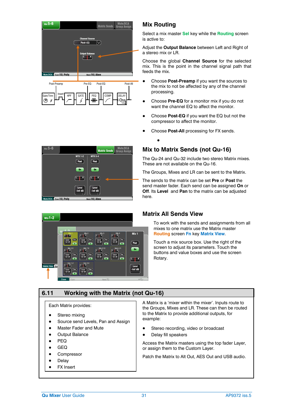 Working with matrix, Mix routing, Mix to matrix sends (not qu-16) | Matrix all sends view, 11 working with the matrix (not qu-16) | Allen&Heath Qu-32 User Manual | Page 31 / 72