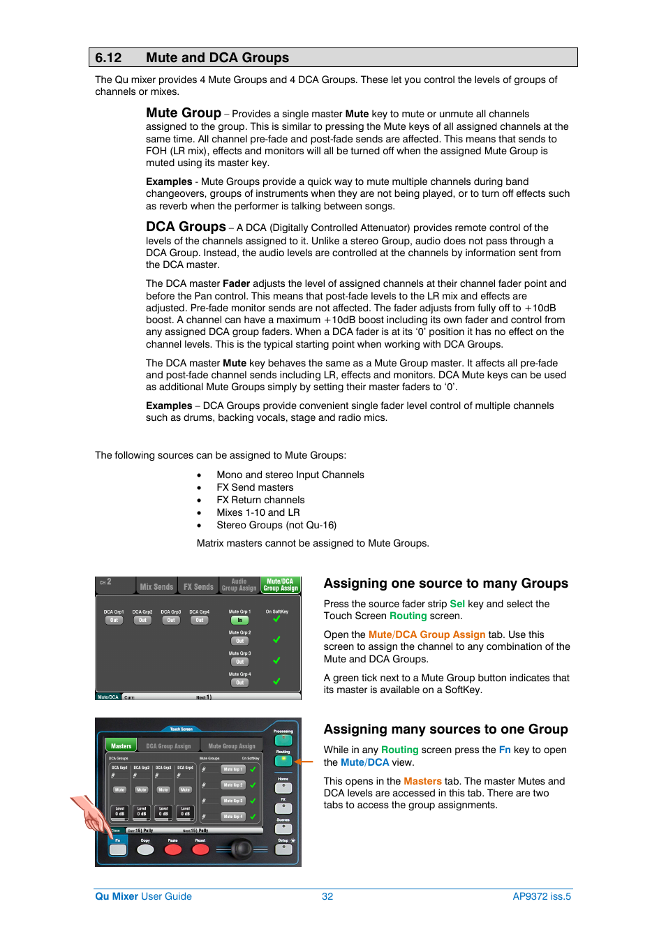 Mute and dca groups, 12 mute and dca groups, Mute group | Dca groups, Assigning one source to many groups, Assigning many sources to one group | Allen&Heath Qu-32 User Manual | Page 32 / 72