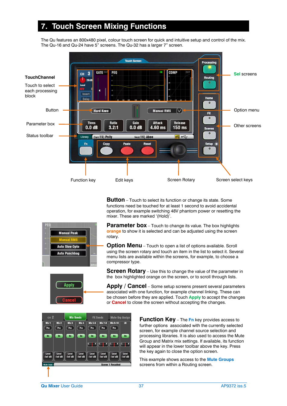 Touch screen functions, Touch screen mixing functions, Button | Parameter box, Option menu, Screen rotary, Apply / cancel, Function key | Allen&Heath Qu-32 User Manual | Page 37 / 72