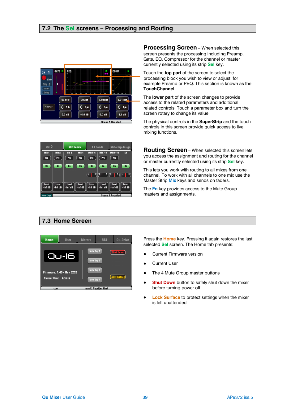 Home screens, 2 the sel screens – processing and routing, Processing screen | Routing screen, 3 home screen | Allen&Heath Qu-32 User Manual | Page 39 / 72