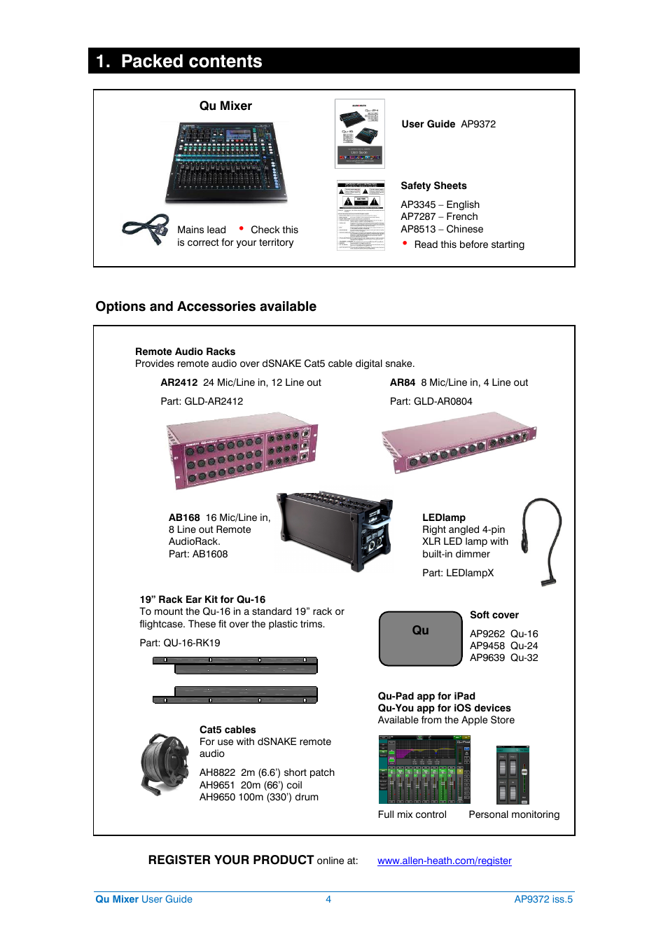 Packed contents, Options and accessories available | Allen&Heath Qu-32 User Manual | Page 4 / 72