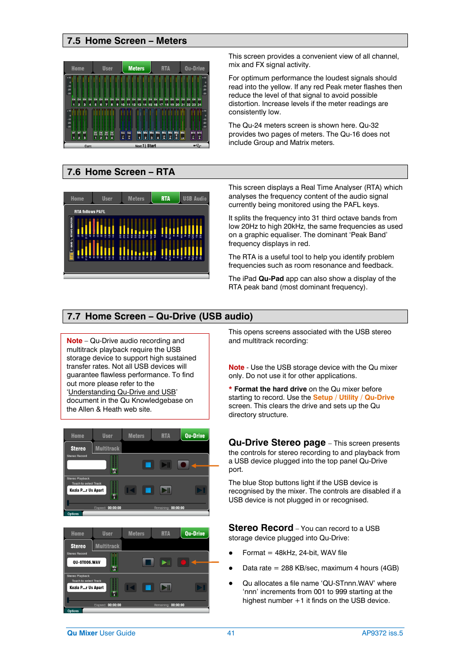 Qu-drive usb audio, 5 home screen – meters, 6 home screen – rta | 7 home screen – qu-drive (usb audio), Qu-drive stereo page, Stereo record | Allen&Heath Qu-32 User Manual | Page 41 / 72