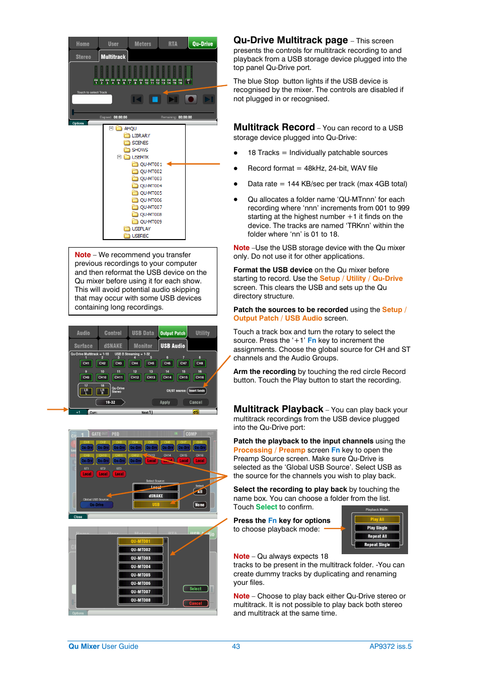 Qu-drive multitrack page, Multitrack record, Multitrack playback | Allen&Heath Qu-32 User Manual | Page 43 / 72