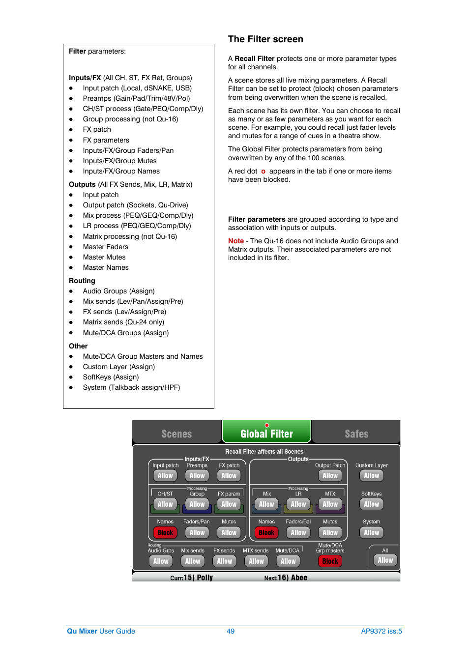 Scene recall filters, The filter screen | Allen&Heath Qu-32 User Manual | Page 49 / 72