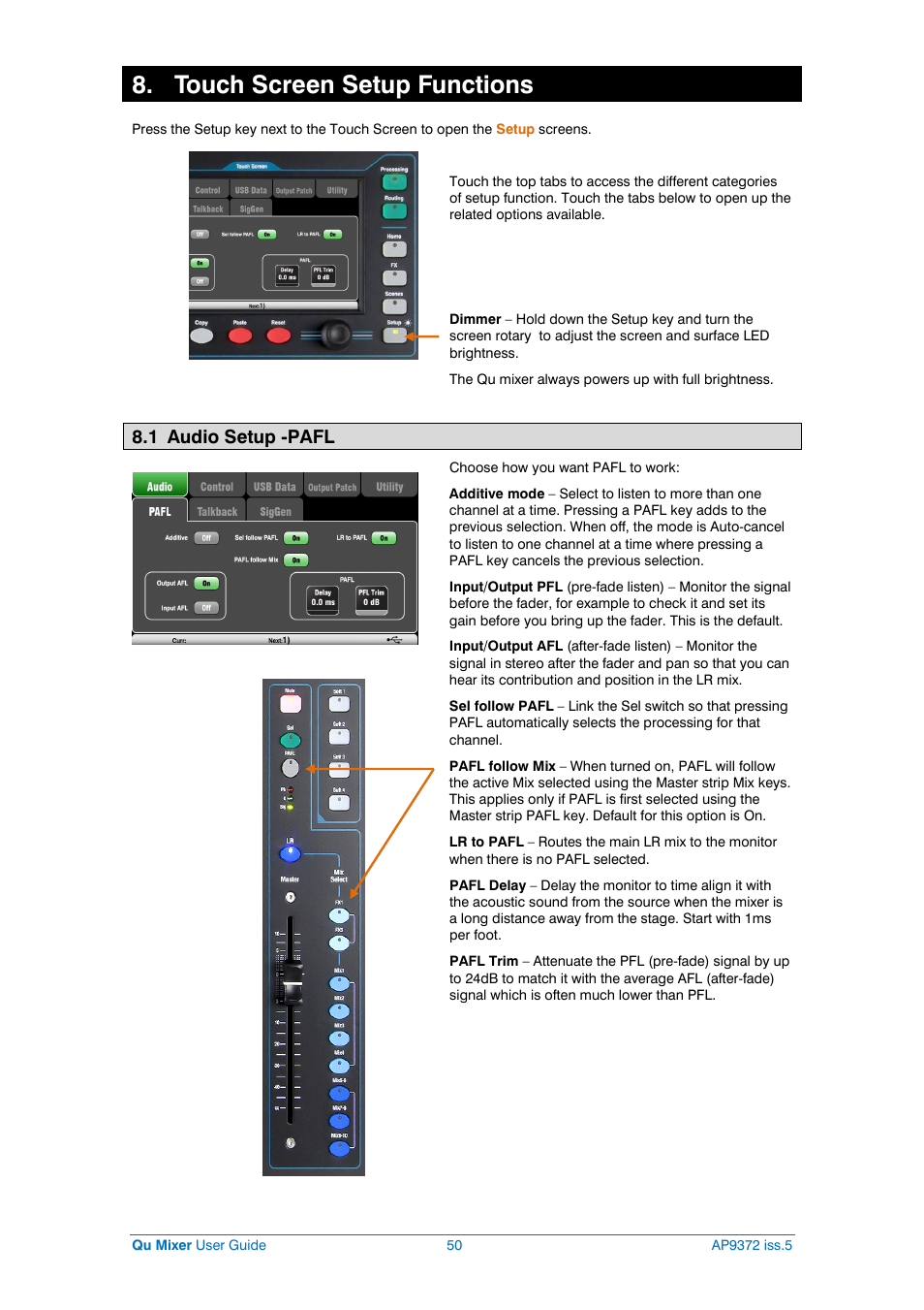 Pafl setup, Touch screen setup functions, 1 audio setup -pafl | Allen&Heath Qu-32 User Manual | Page 50 / 72