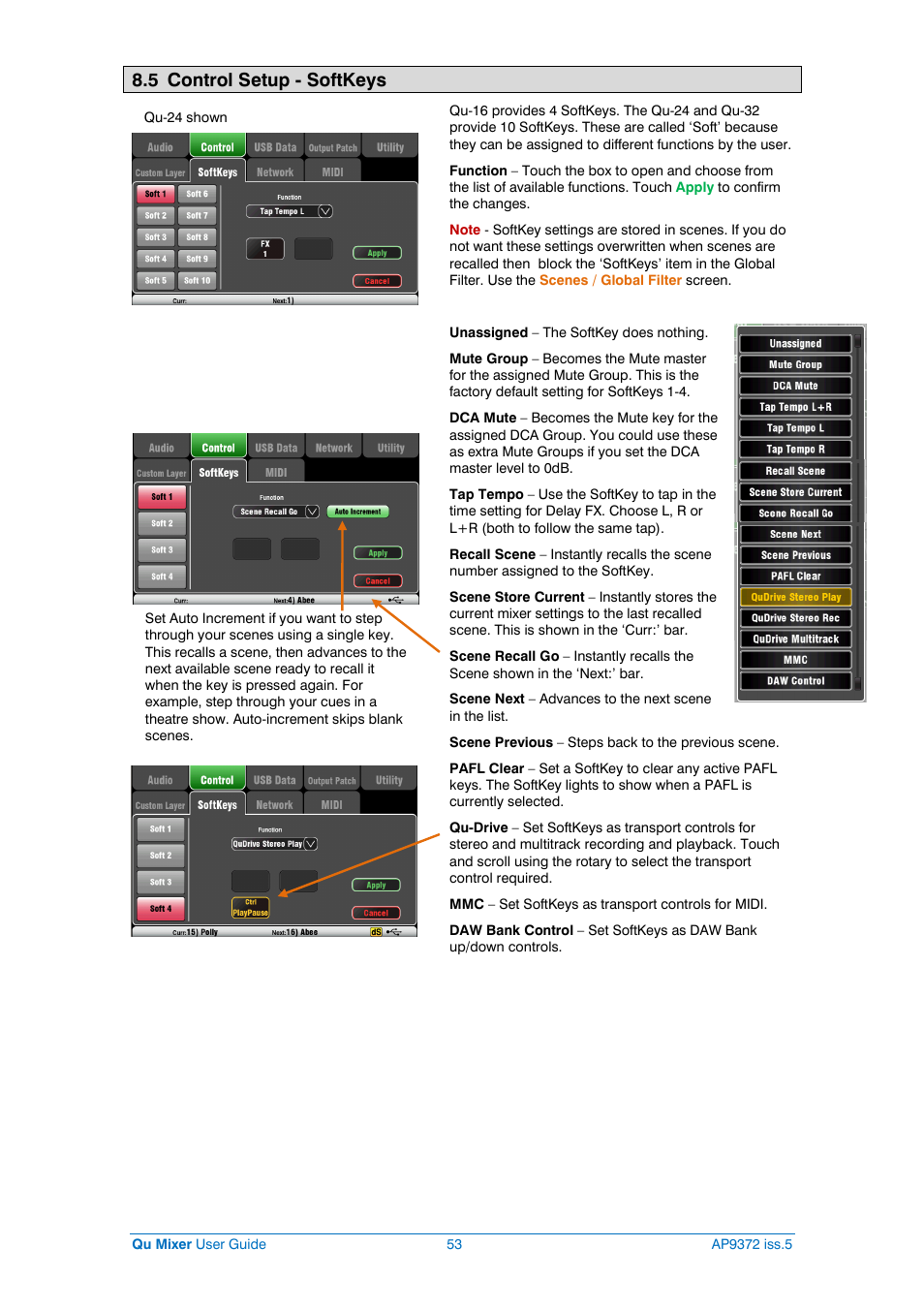 Softkeys, 5 control setup - softkeys | Allen&Heath Qu-32 User Manual | Page 53 / 72