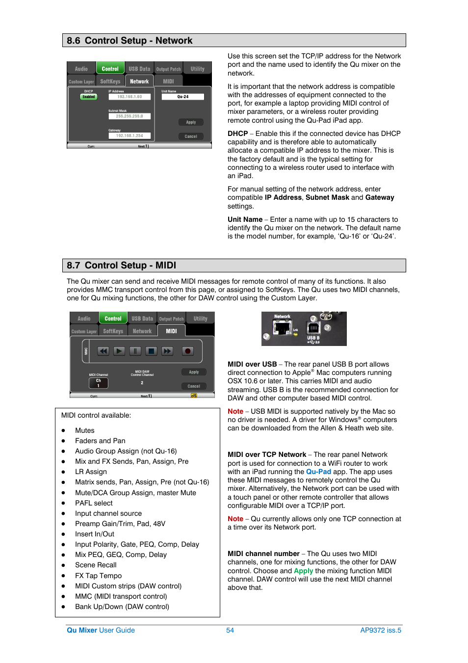 Network setup, Midi setup, 6 control setup - network | 7 control setup - midi | Allen&Heath Qu-32 User Manual | Page 54 / 72