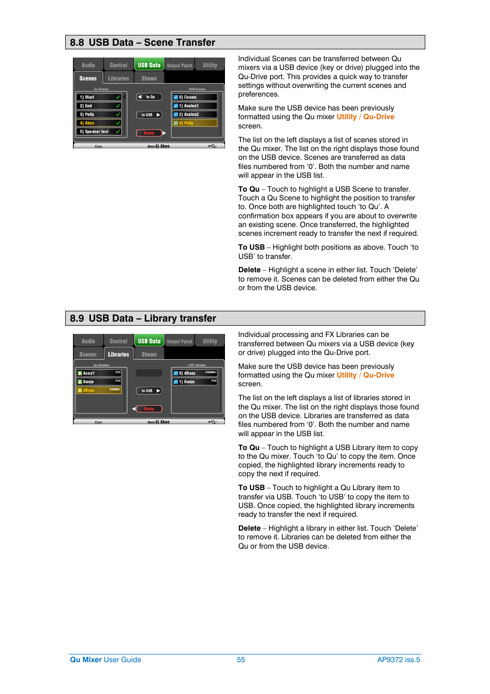 Usb data transfer, 8 usb data – scene transfer, 9 usb data – library transfer | Allen&Heath Qu-32 User Manual | Page 55 / 72