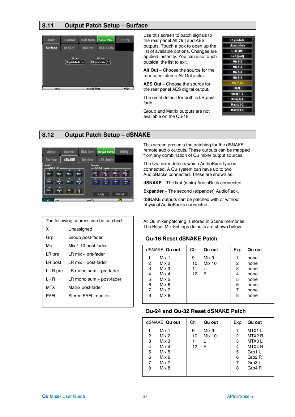 Output patching, Dsnake patch, 11 output patch setup – surface | 12 output patch setup – dsnake | Allen&Heath Qu-32 User Manual | Page 57 / 72