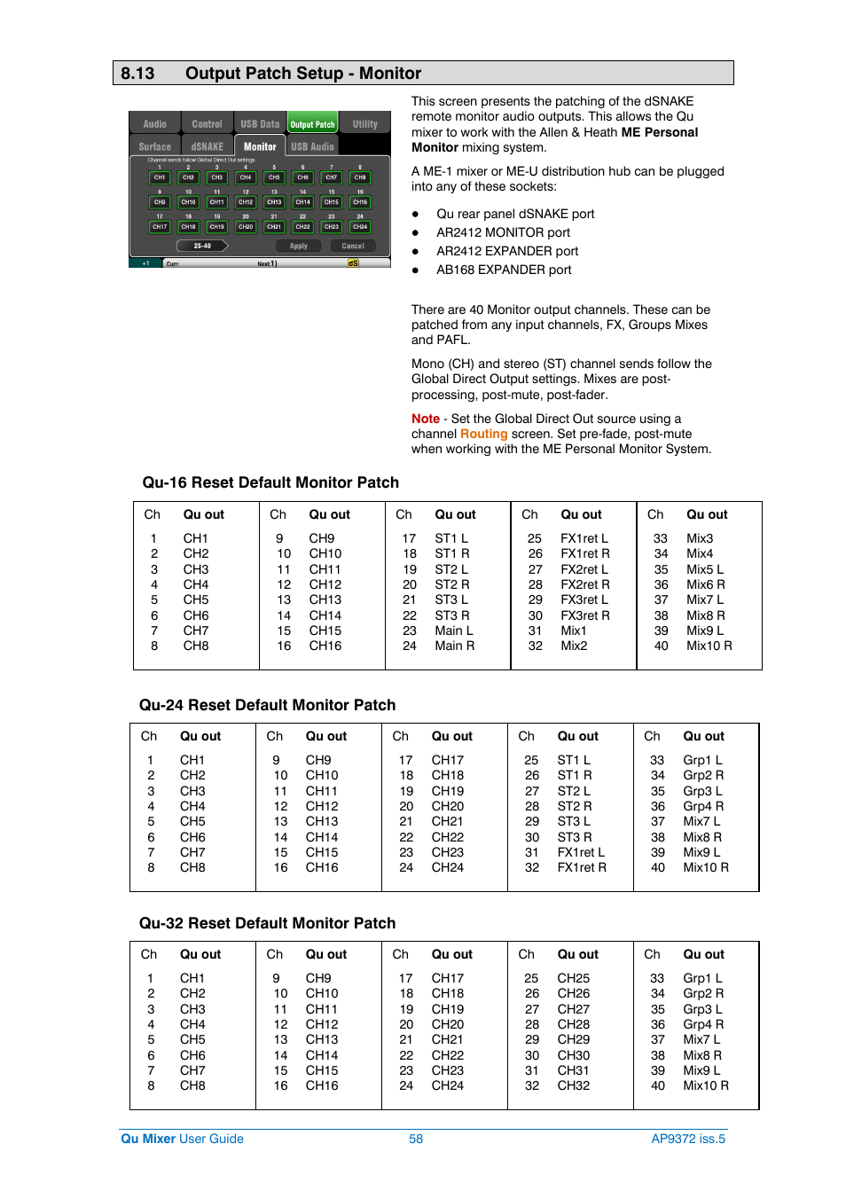 Me monitor patch, 13 output patch setup - monitor | Allen&Heath Qu-32 User Manual | Page 58 / 72
