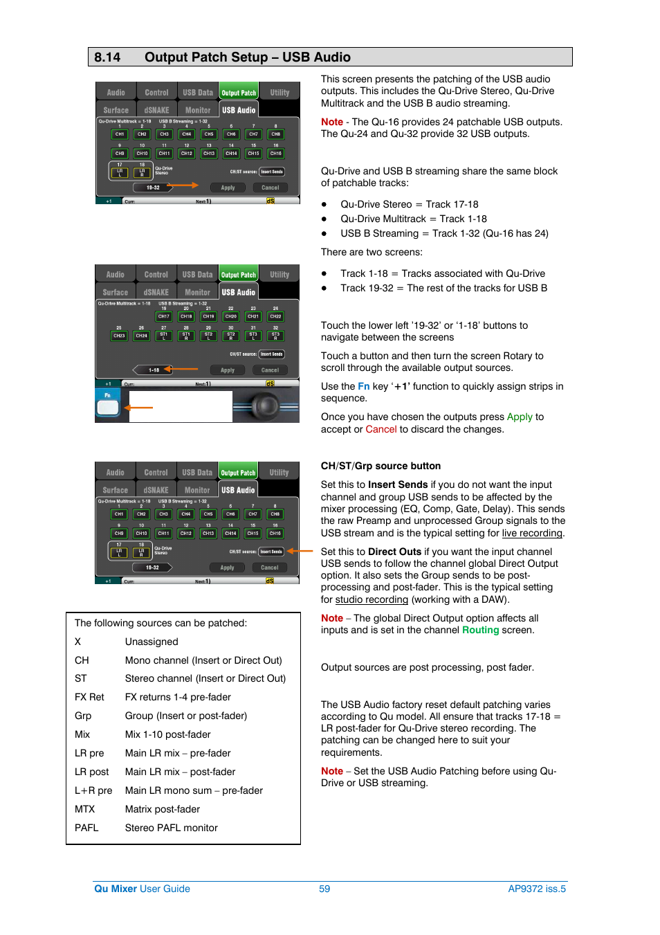 Usb audio patch, 14 output patch setup – usb audio | Allen&Heath Qu-32 User Manual | Page 59 / 72