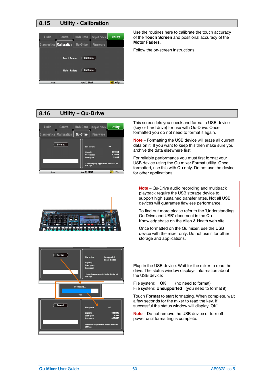 Calibrate screen/faders, Format usb drive, 15 utility - calibration | 16 utility – qu-drive | Allen&Heath Qu-32 User Manual | Page 60 / 72