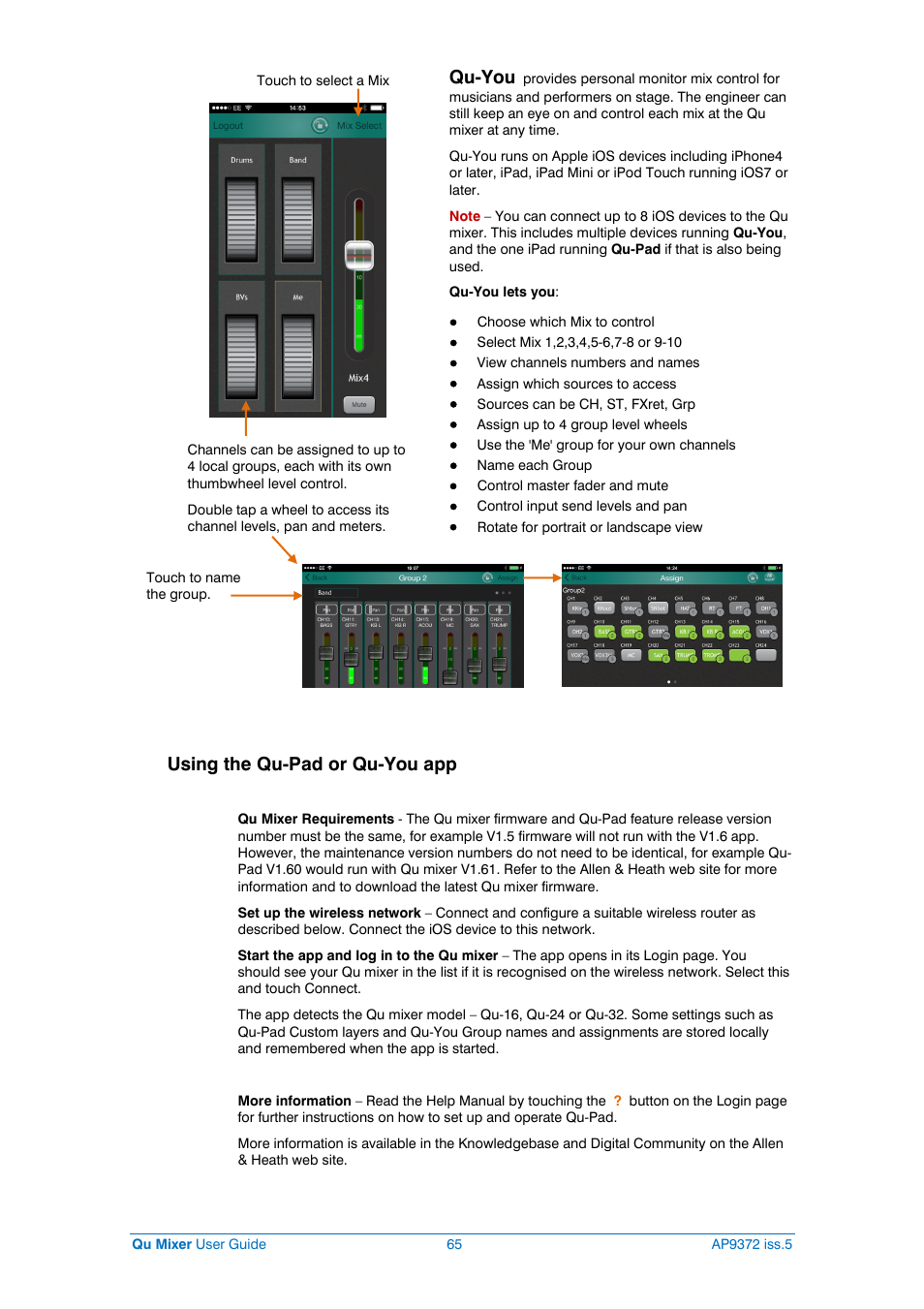 Qu-you monitor app, Qu-you, Using the qu-pad or qu-you app | Allen&Heath Qu-32 User Manual | Page 65 / 72