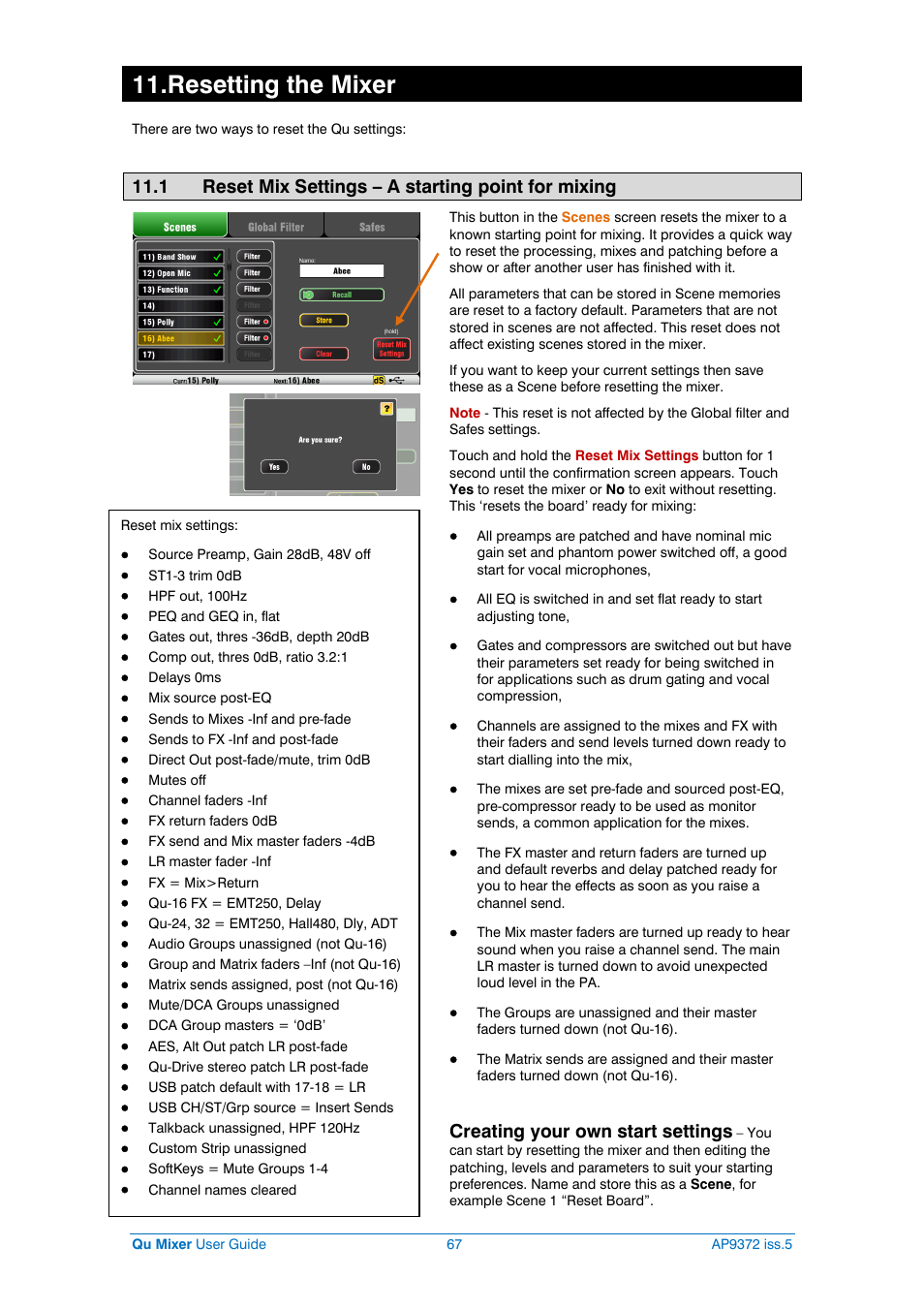 Resetting the mixer, 1 reset mix settings – a starting point for mixing, Creating your own start settings | Allen&Heath Qu-32 User Manual | Page 67 / 72