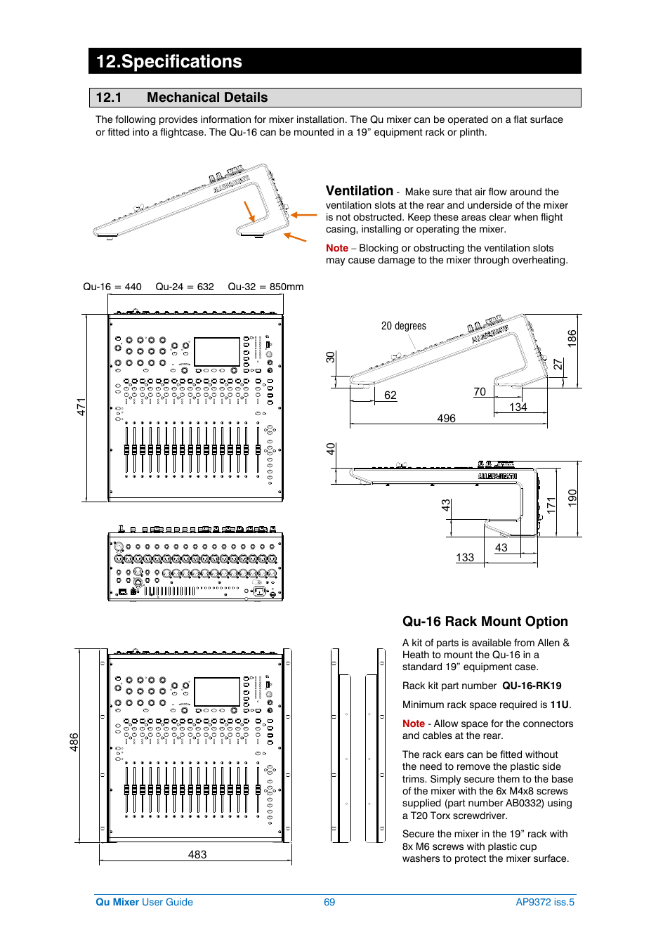 Mechanical details, Specifications, 1 mechanical details | Ventilation, Qu-16 rack mount option | Allen&Heath Qu-32 User Manual | Page 69 / 72