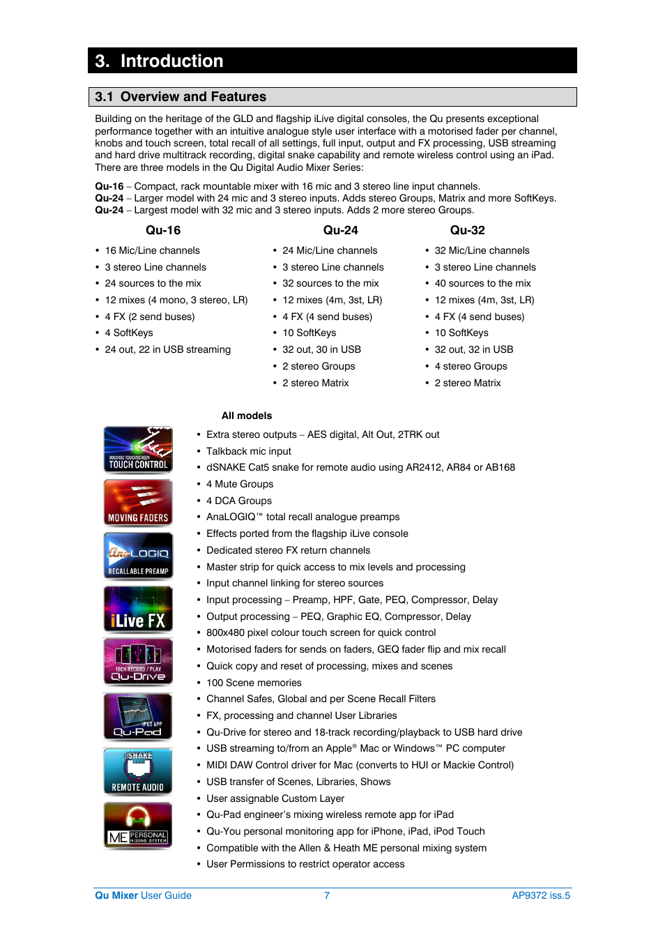 Introduction to qu, Introduction, 1 overview and features | Allen&Heath Qu-32 User Manual | Page 7 / 72