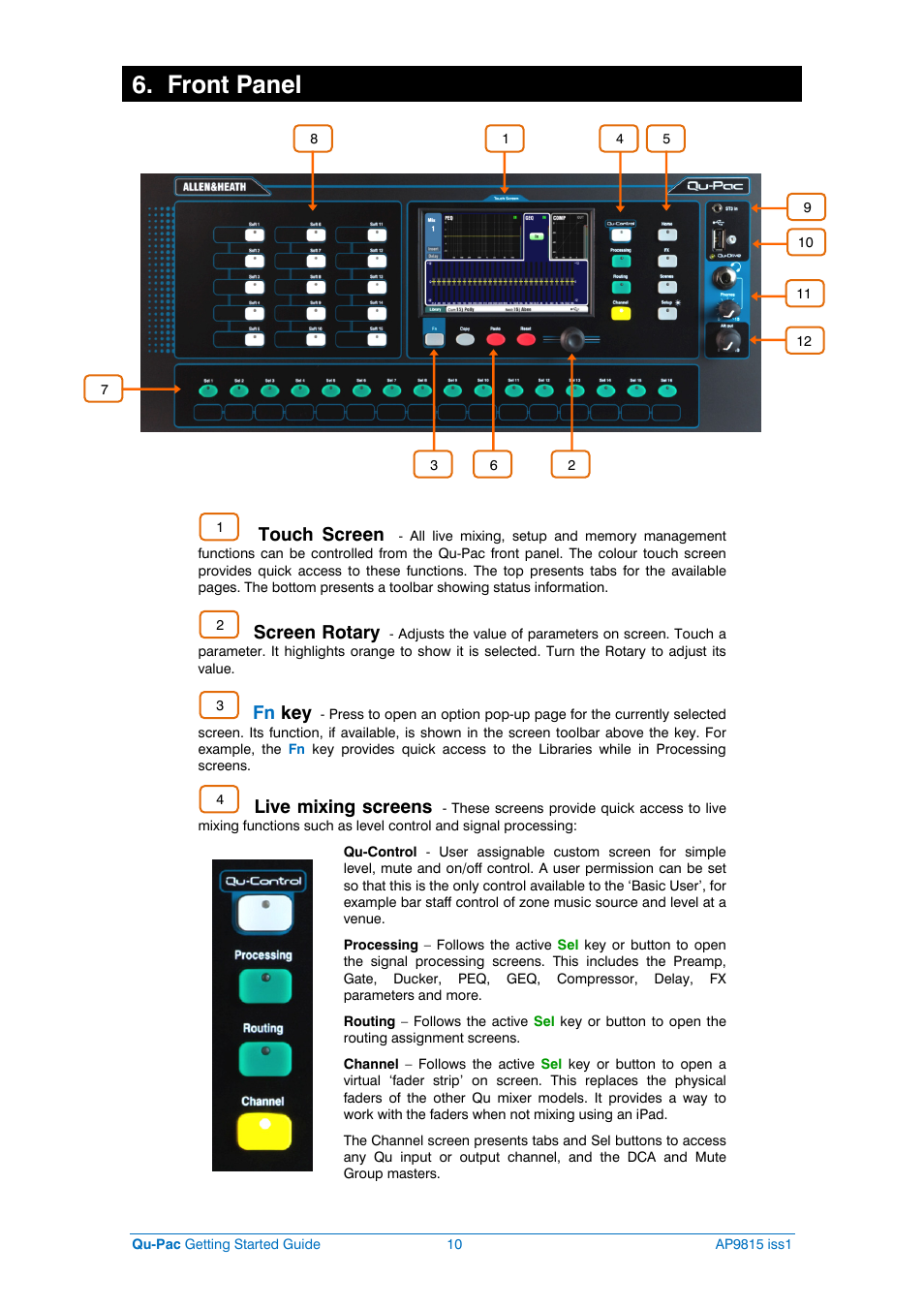 Front panel, Touch screen, Screen rotary | Fn key, Live mixing screens | Allen&Heath QU-PAC User Manual | Page 10 / 20