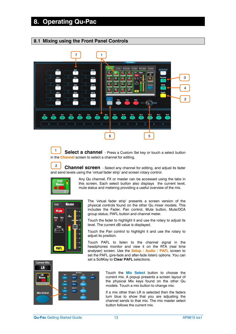 Operating qu-pac, 1 mixing using the front panel controls, Select a channel | Channel screen | Allen&Heath QU-PAC User Manual | Page 13 / 20