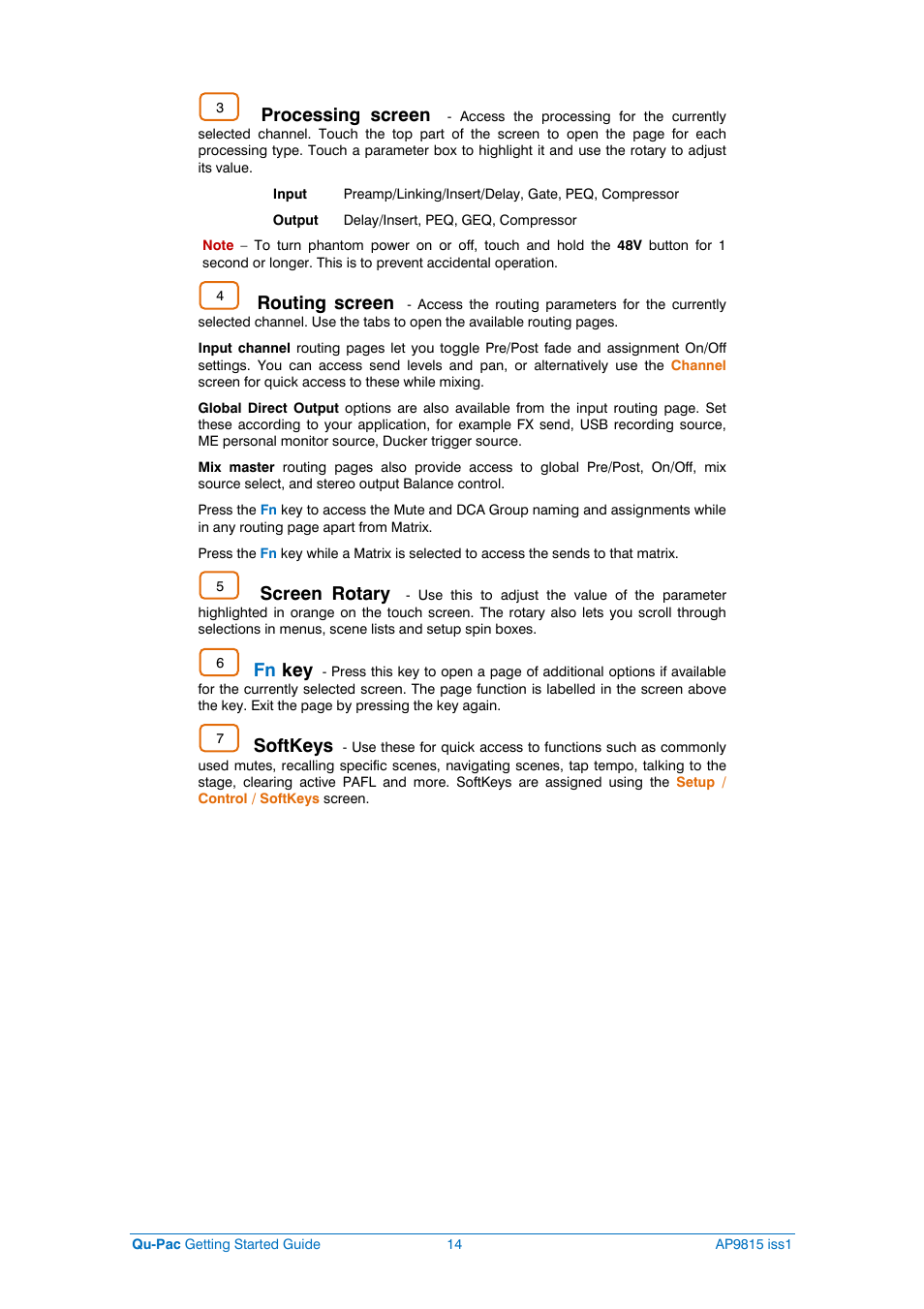 Processing screen, Routing screen, Screen rotary | Fn key, Softkeys | Allen&Heath QU-PAC User Manual | Page 14 / 20