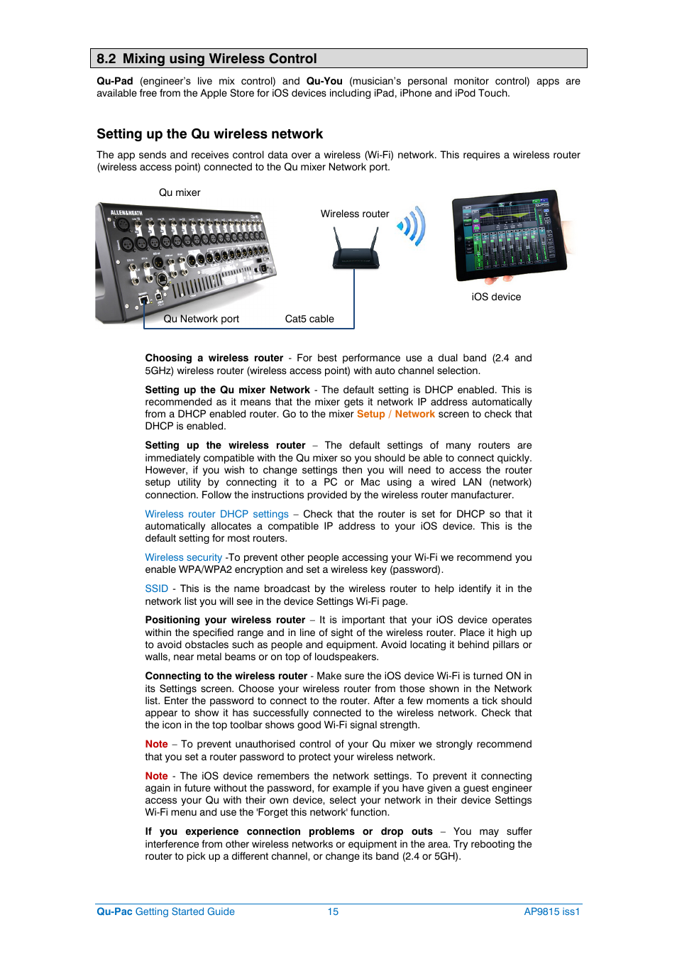 2 mixing using wireless control, Setting up the qu wireless network | Allen&Heath QU-PAC User Manual | Page 15 / 20