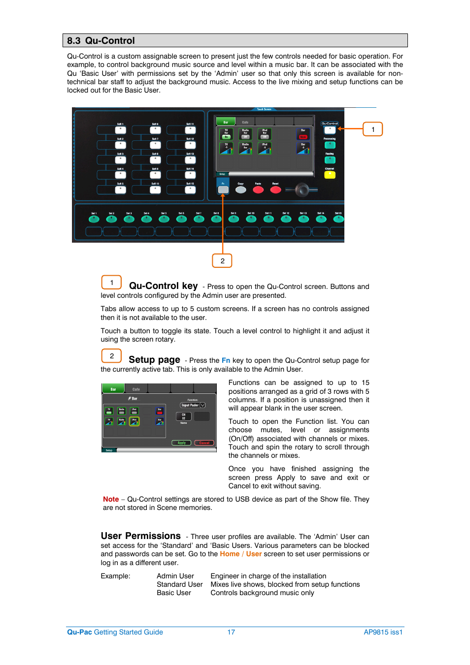 3 qu-control, Qu-control key, Setup page | User permissions | Allen&Heath QU-PAC User Manual | Page 17 / 20