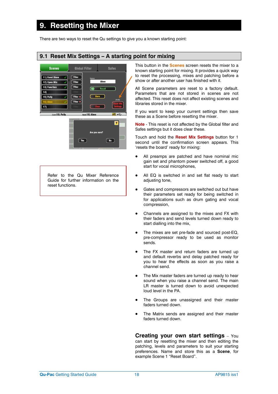 Resetting the mixer, 1 reset mix settings – a starting point for mixing, Creating your own start settings | Allen&Heath QU-PAC User Manual | Page 18 / 20