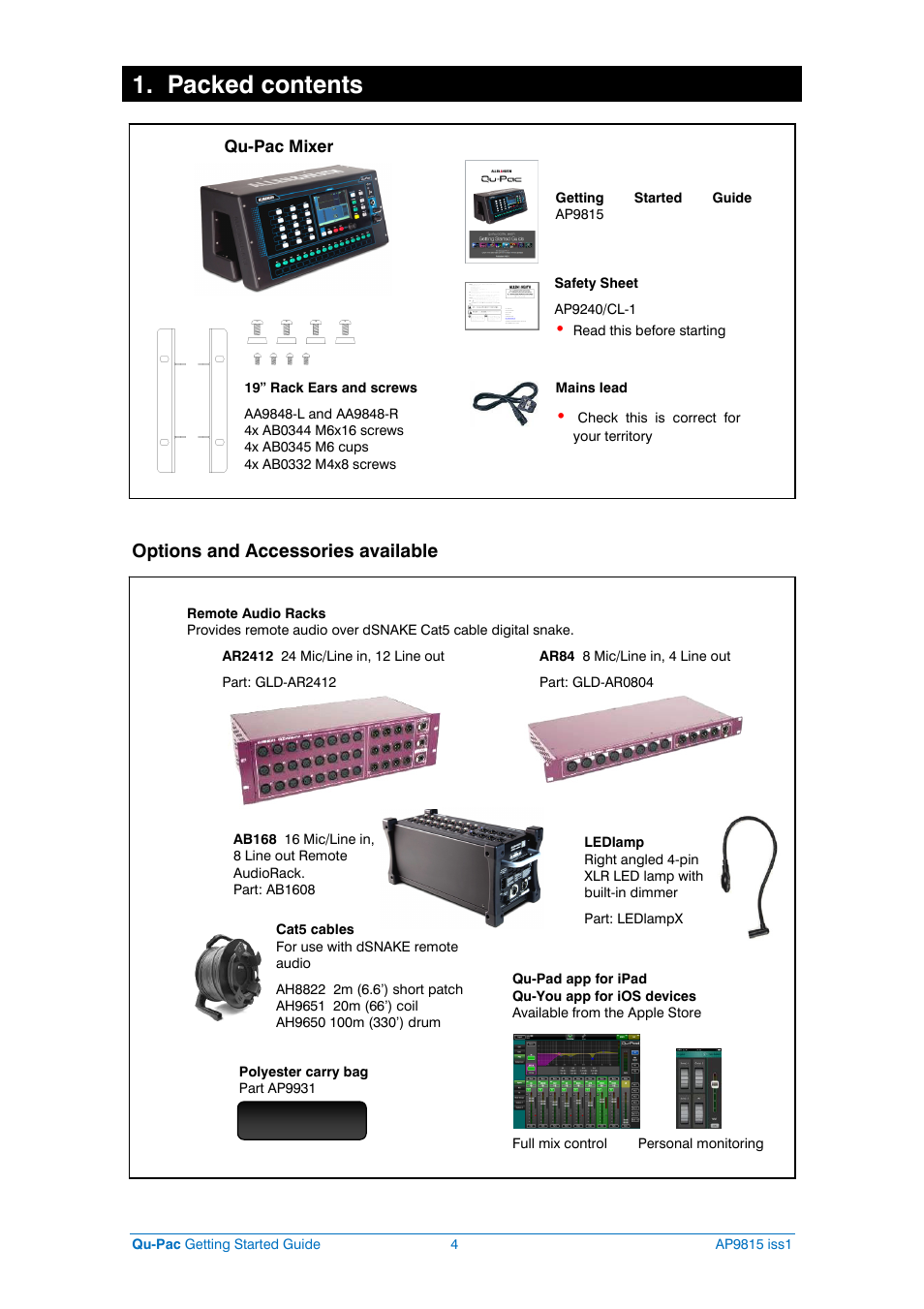 Packed contents, Options and accessories available | Allen&Heath QU-PAC User Manual | Page 4 / 20