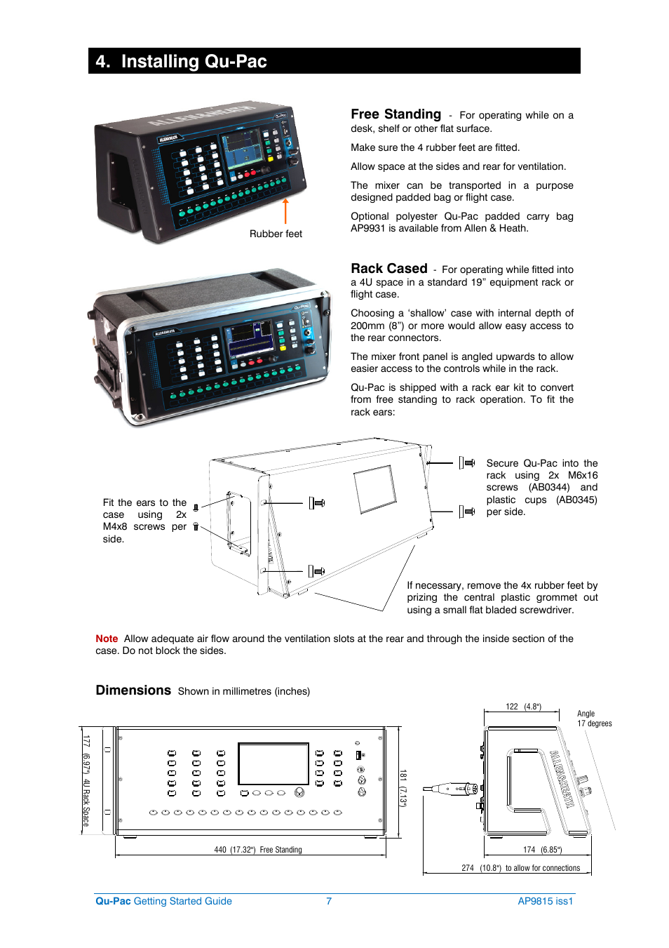 Installing qu-pac, Free standing, Rack cased | Dimensions | Allen&Heath QU-PAC User Manual | Page 7 / 20