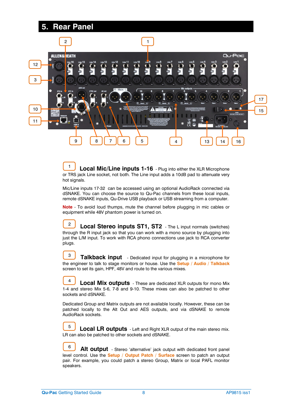 Rear panel, Local mic/line inputs 1-16, Local stereo inputs st1, st2 | Talkback input, Local mix outputs, Local lr outputs, Alt output | Allen&Heath QU-PAC User Manual | Page 8 / 20