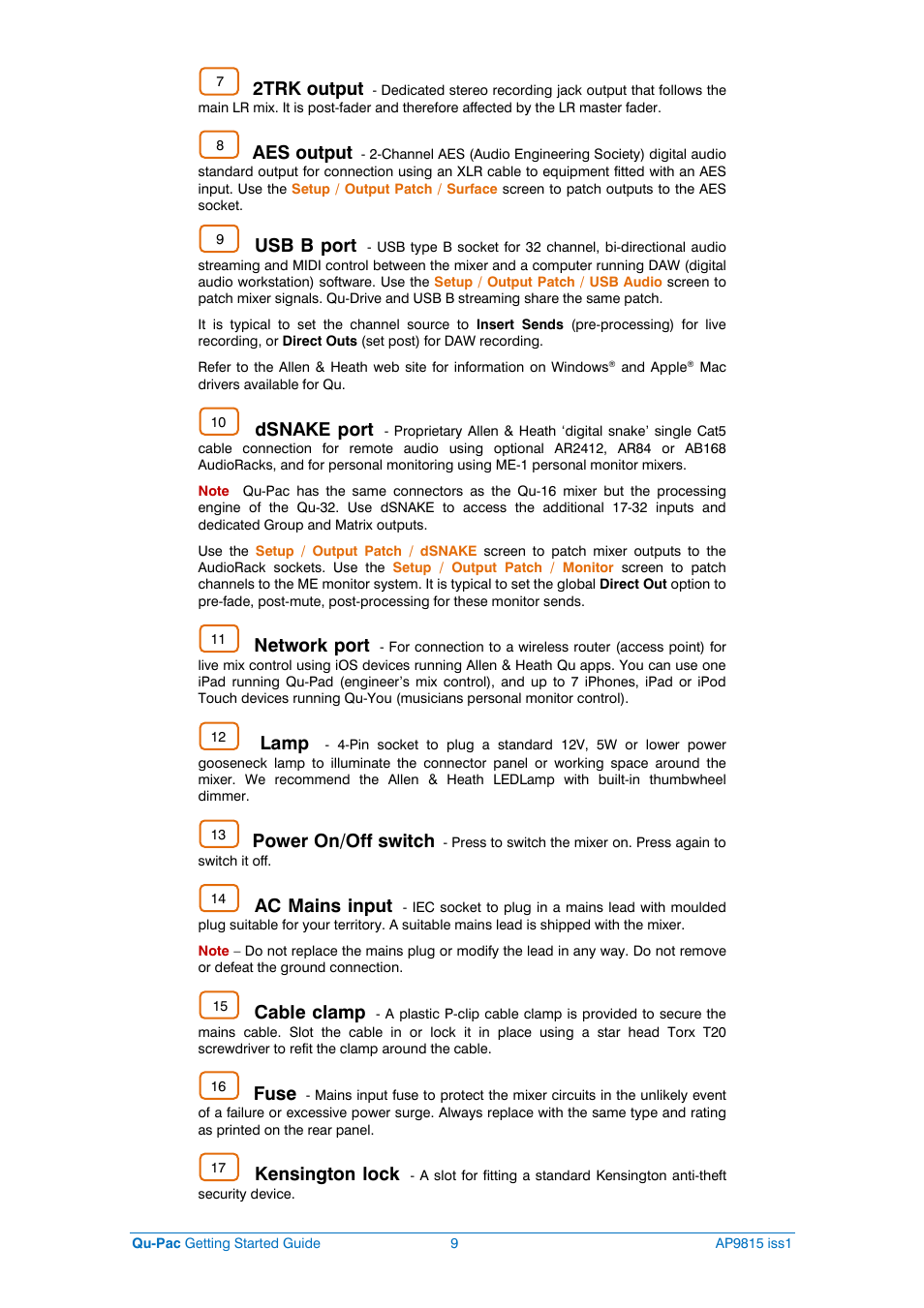 2trk output, Aes output, Usb b port | Dsnake port, Network port, Lamp, Power on/off switch, Ac mains input, Cable clamp, Fuse | Allen&Heath QU-PAC User Manual | Page 9 / 20