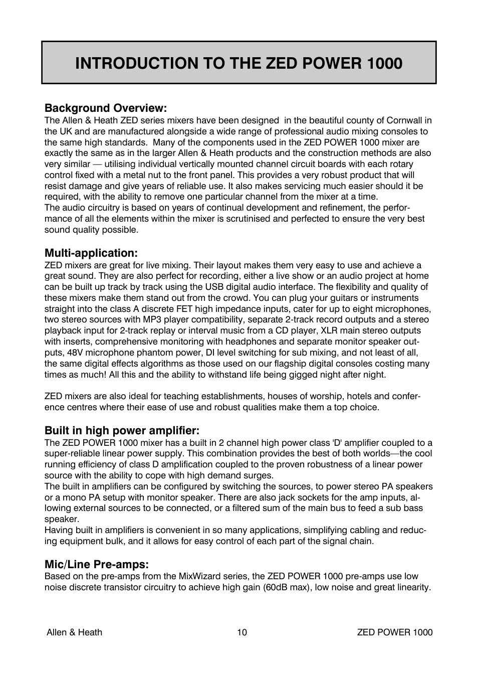 Introduction to the zed power 1000 | Allen&Heath ZED POWER User Manual | Page 10 / 40