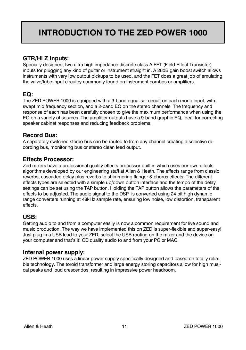 Introduction to the zed power 1000 | Allen&Heath ZED POWER User Manual | Page 11 / 40