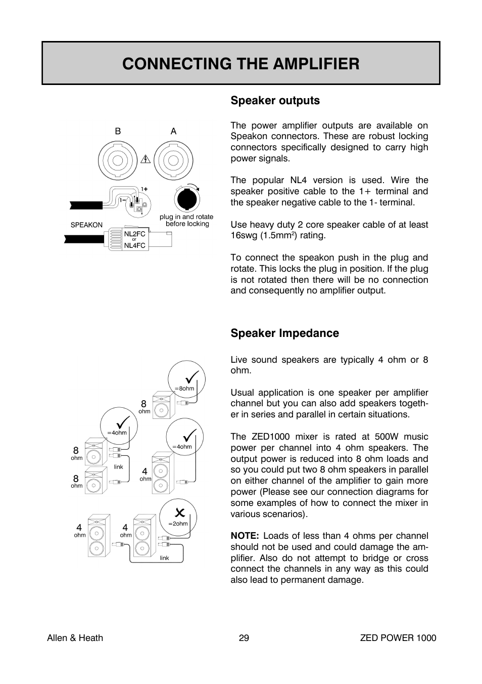 Connecting the amplifier, Speaker outputs, Speaker impedance | Allen&Heath ZED POWER User Manual | Page 29 / 40