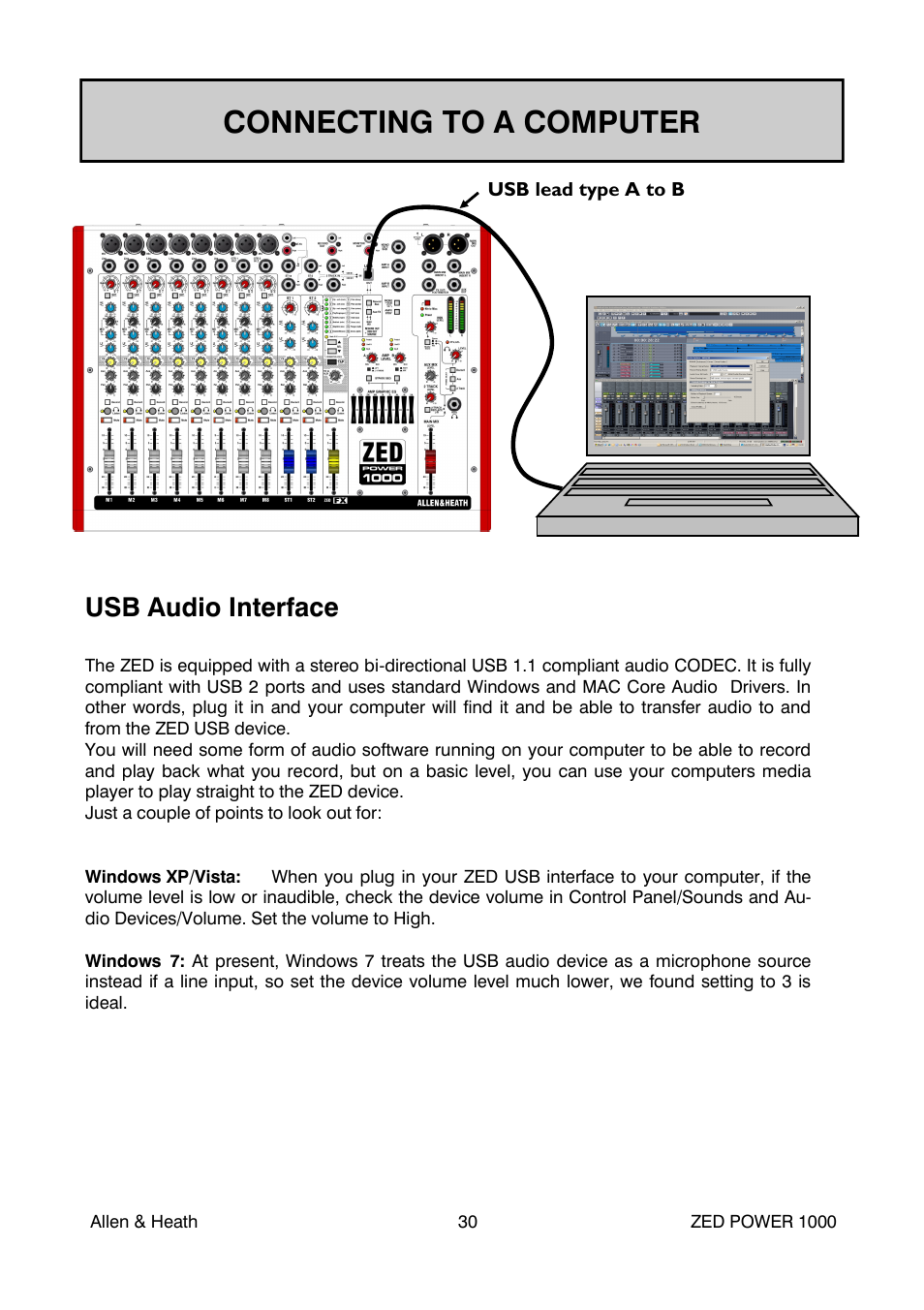 Connecting to a computer, Usb audio interface | Allen&Heath ZED POWER User Manual | Page 30 / 40