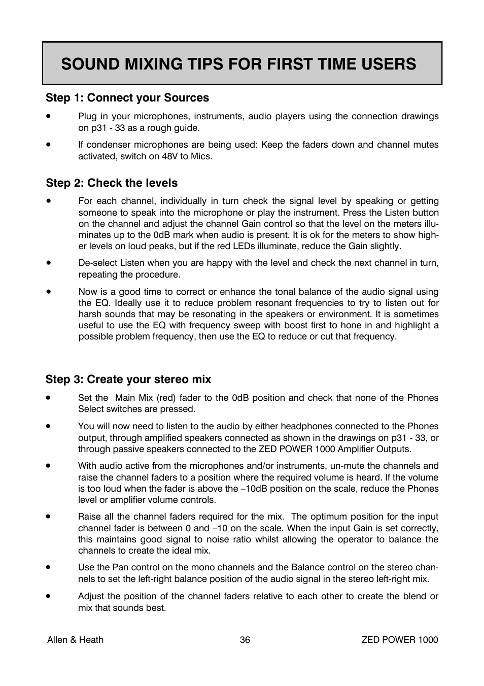 Sound mixing tips for first time users | Allen&Heath ZED POWER User Manual | Page 36 / 40