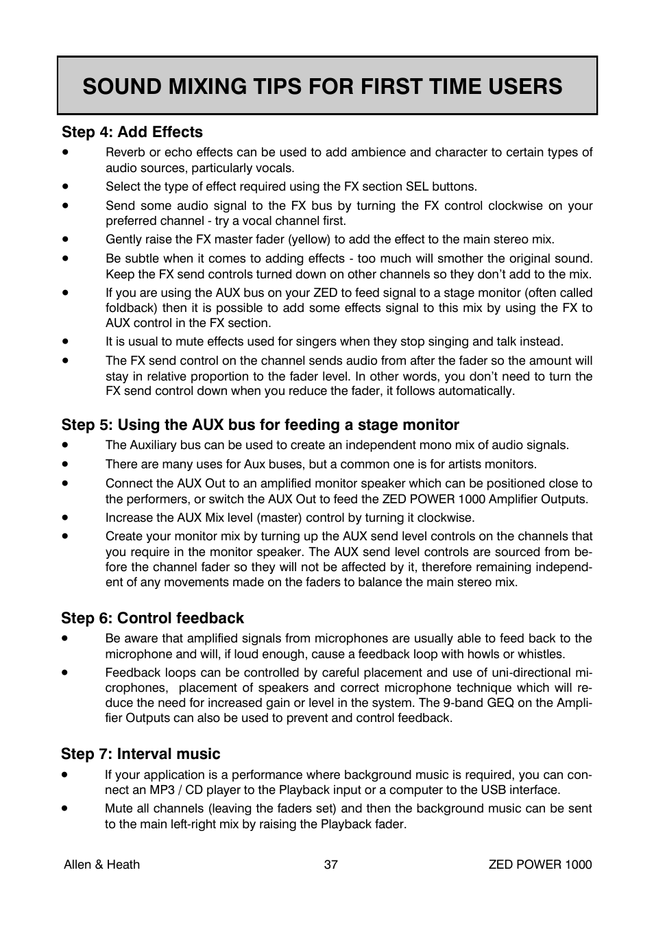 Sound mixing tips for first time users | Allen&Heath ZED POWER User Manual | Page 37 / 40