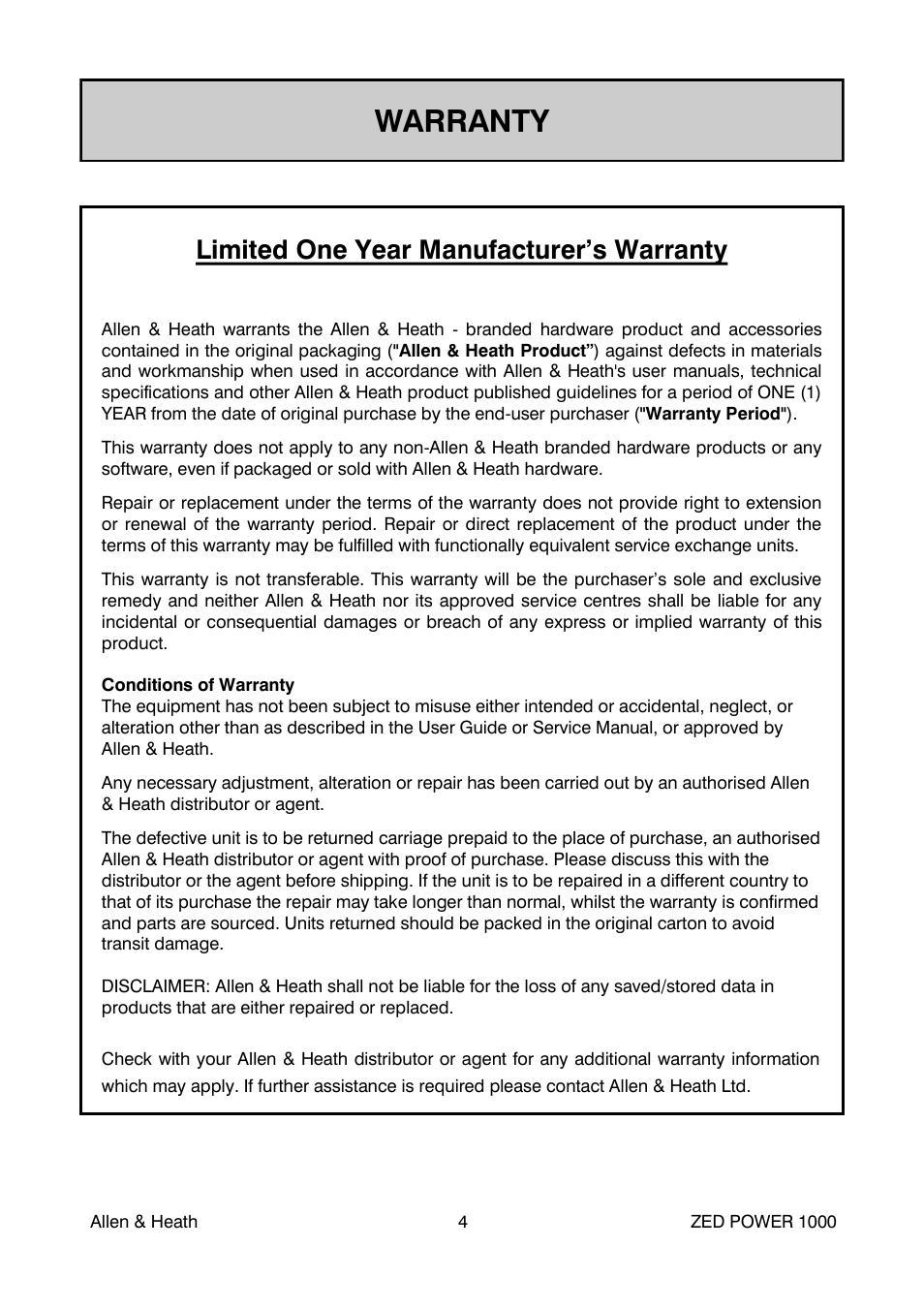Warranty, Limited one year manufacturer’s warranty | Allen&Heath ZED POWER User Manual | Page 4 / 40