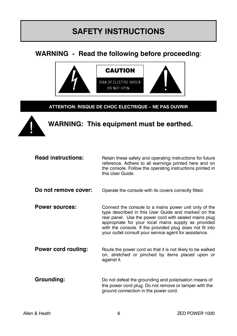 Safety instructions, Warning - read the following before proceeding, Warning: this equipment must be earthed | Caution, Read instructions, Do not remove cover, Power sources, Power cord routing, Grounding | Allen&Heath ZED POWER User Manual | Page 6 / 40