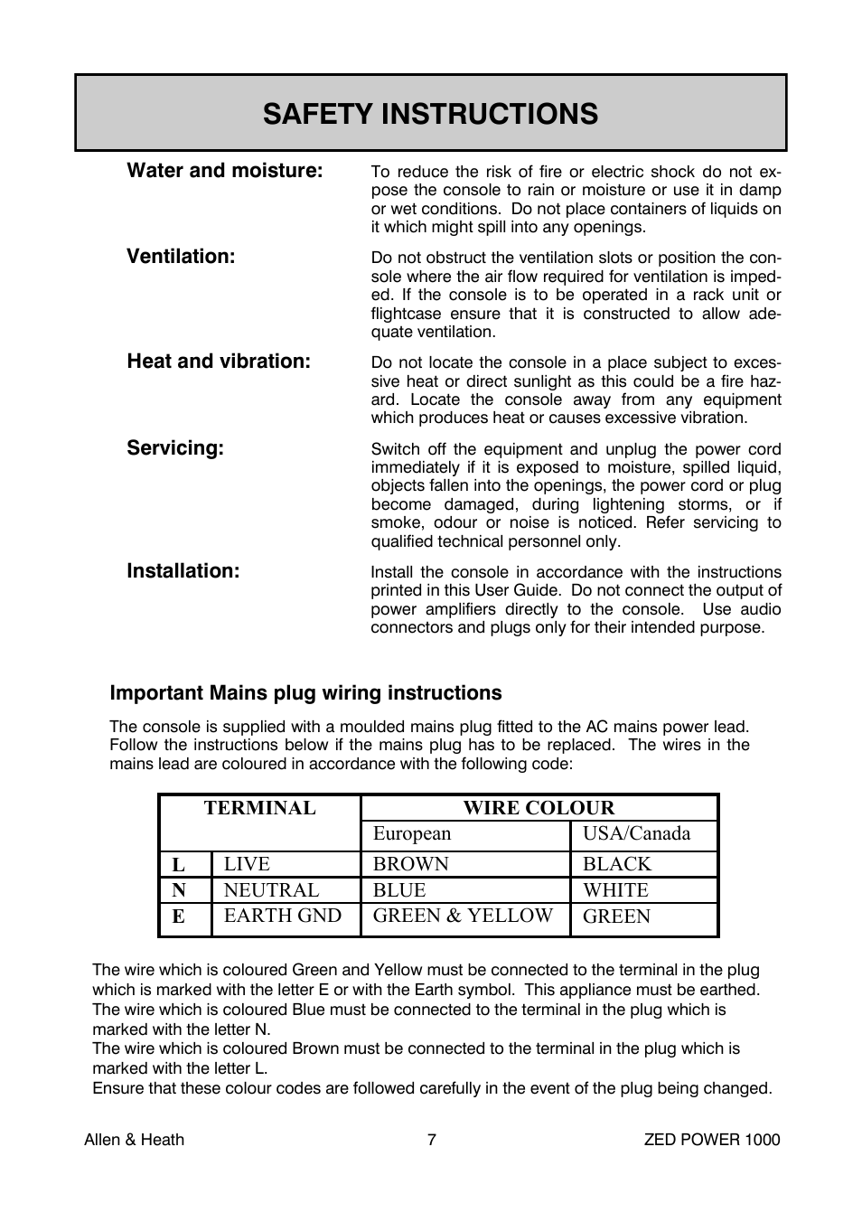 Safety instructions | Allen&Heath ZED POWER User Manual | Page 7 / 40