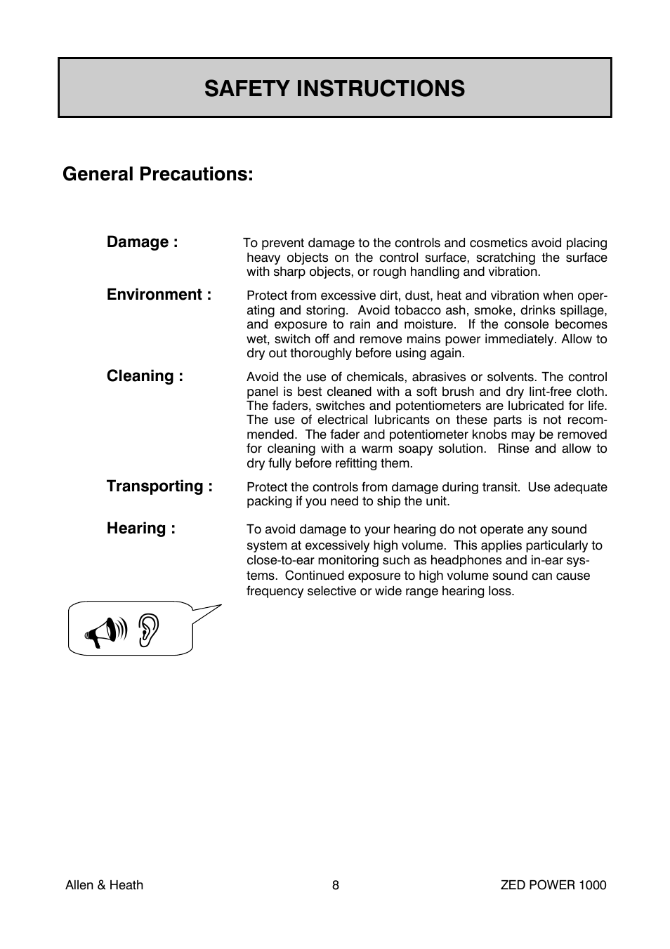 Safety instructions, General precautions | Allen&Heath ZED POWER User Manual | Page 8 / 40