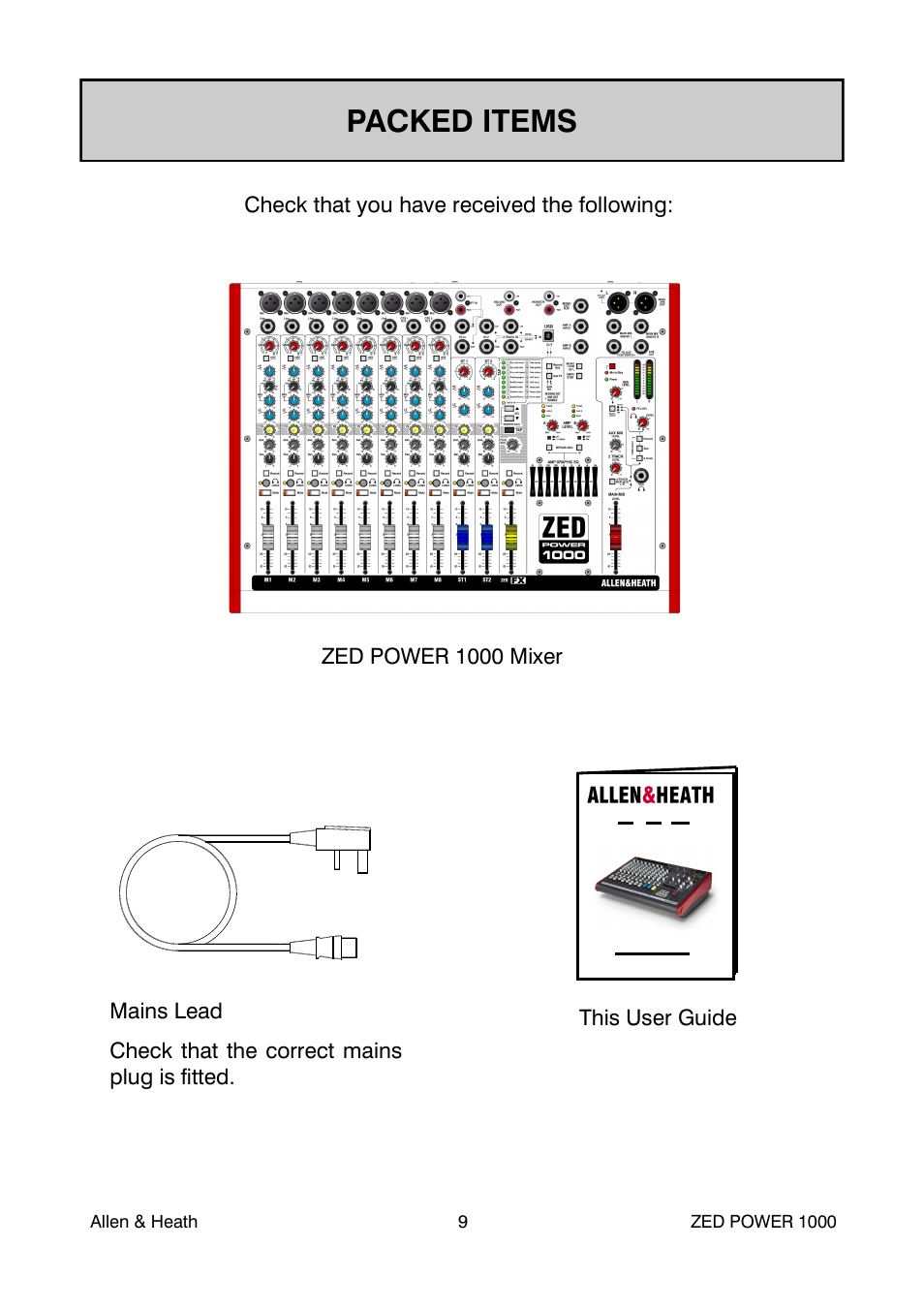 Packed items | Allen&Heath ZED POWER User Manual | Page 9 / 40