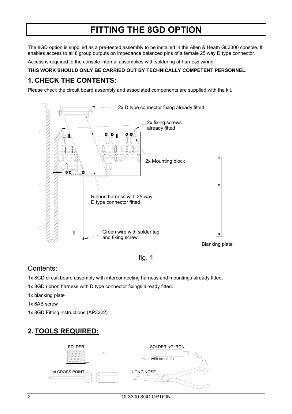 Fitting the 8gd option, Check the contents, Fig. 1 contents | Tools required | Allen&Heath GL3300-8GD User Manual | Page 2 / 6