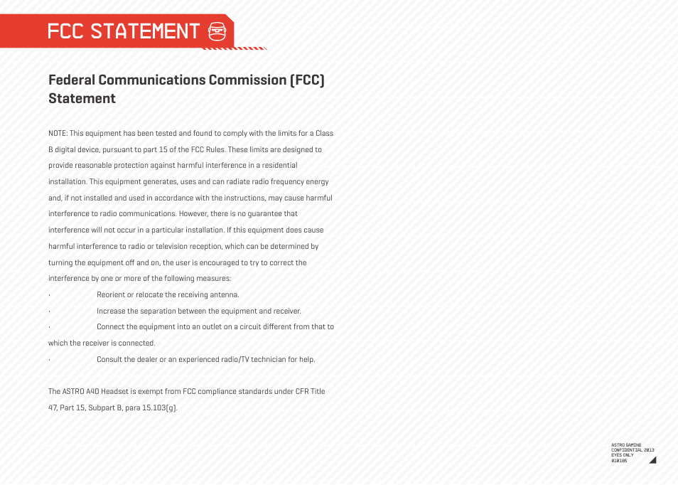 Fcc statement, Federal communications commission (fcc) statement | Astro Gaming A40/M80 User Manual | Page 11 / 12