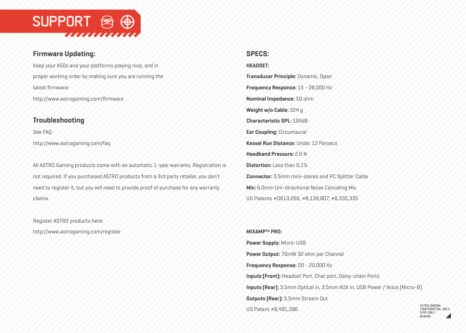 Support, Firmware updating, Troubleshooting | Specs | Astro Gaming A40/MixAmp Pro User Manual | Page 12 / 14