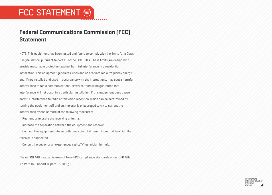 Fcc statement, Federal communications commission (fcc) statement | Astro Gaming A40/MixAmp Pro User Manual | Page 13 / 14