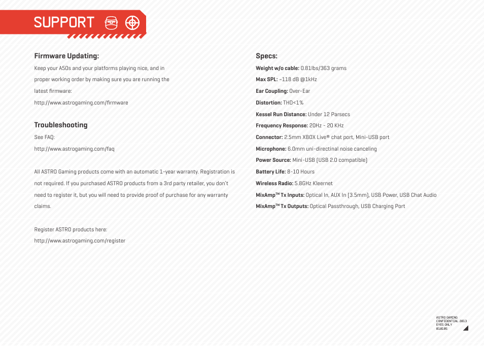 Support, Firmware updating, Troubleshooting | Specs | Astro Gaming A50 ASTRO User Manual | Page 17 / 19