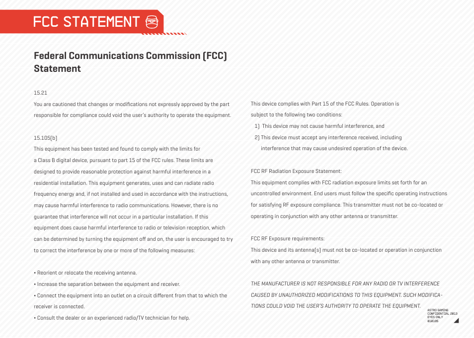 Fcc statement, Federal communications commission (fcc) statement | Astro Gaming A50 ASTRO User Manual | Page 18 / 19