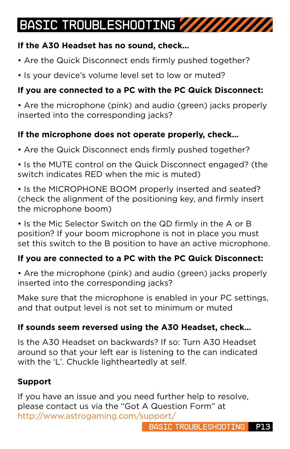 Basic troubleshooting | Astro Gaming A30 User Manual | Page 13 / 16