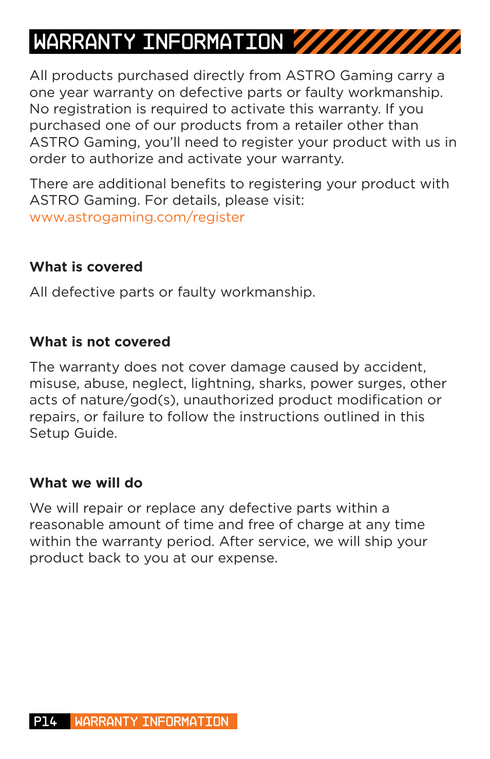 Warranty information | Astro Gaming A30 User Manual | Page 14 / 16